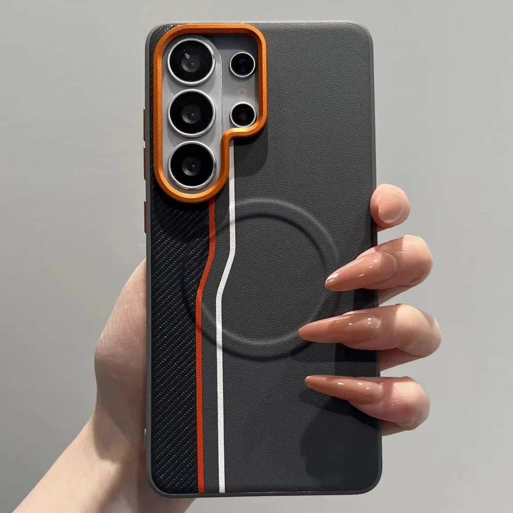 Luxury Color-block Dual-Line for Magsafe Phone Case for Samsung Galaxy S26 Ultra S25 Edge S24 Ultra Plus Orange Lens Frame Cover