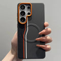 Luxury Color-block Dual-Line for Magsafe Phone Case for Samsung Galaxy S26 Ultra S25 Edge S24 Ultra Plus Orange Lens Frame Cover