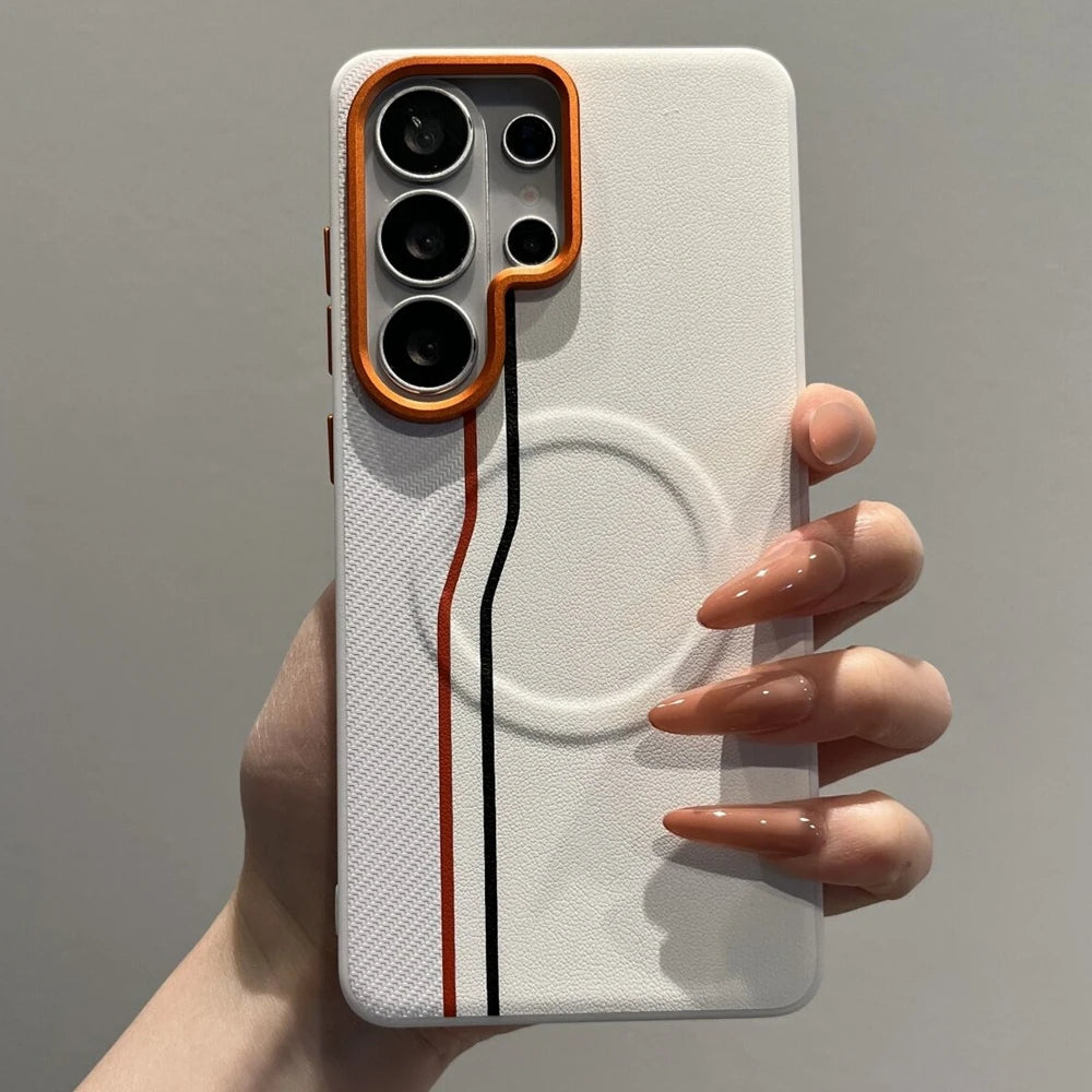 Luxury Color-block Dual-Line for Magsafe Phone Case for Samsung Galaxy S26 Ultra S25 Edge S24 Ultra Plus Orange Lens Frame Cover