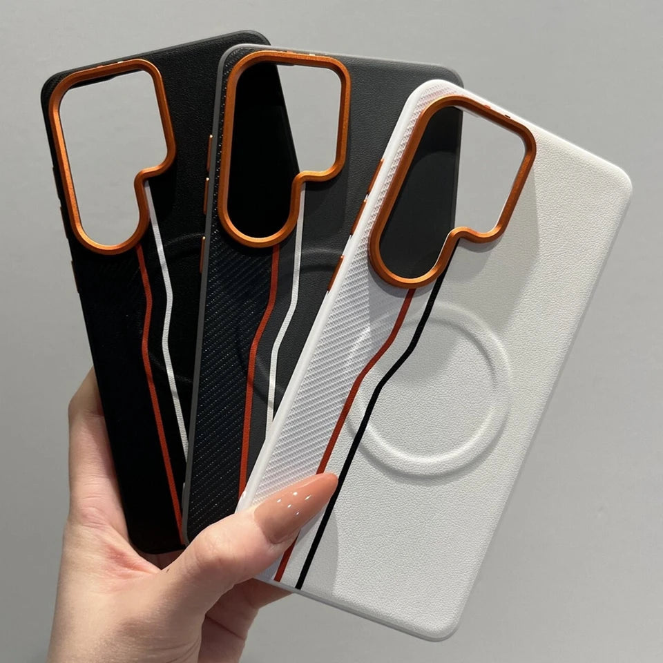 Luxury Color-block Dual-Line for Magsafe Phone Case for Samsung Galaxy S26 Ultra S25 Edge S24 Ultra Plus Orange Lens Frame Cover