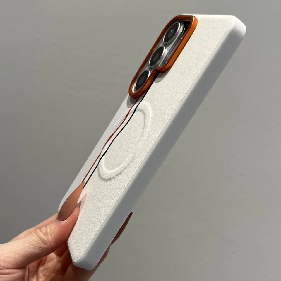 Luxury Color-block Dual-Line for Magsafe Phone Case for Samsung Galaxy S26 Ultra S25 Edge S24 Ultra Plus Orange Lens Frame Cover