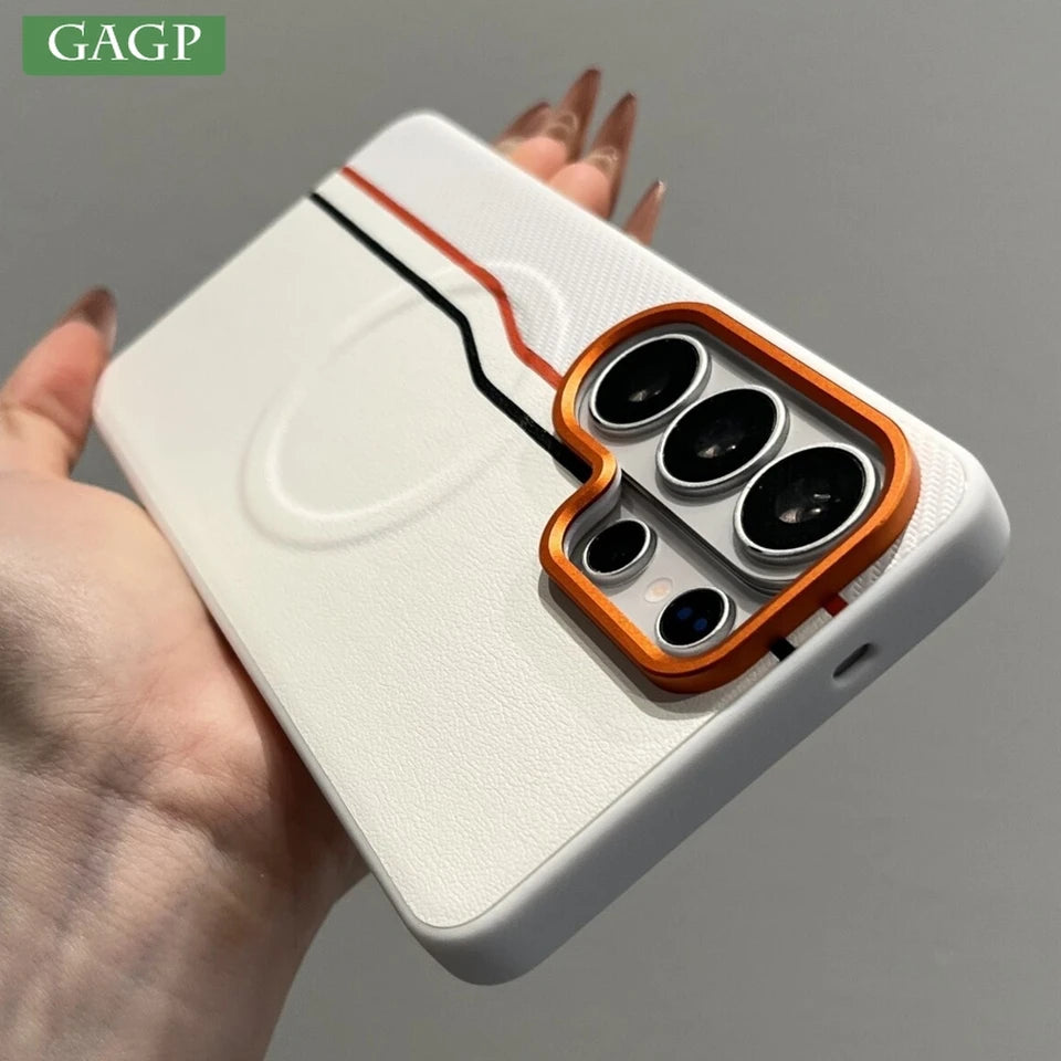Luxury Color-block Dual-Line for Magsafe Phone Case for Samsung Galaxy S26 Ultra S25 Edge S24 Ultra Plus Orange Lens Frame Cover