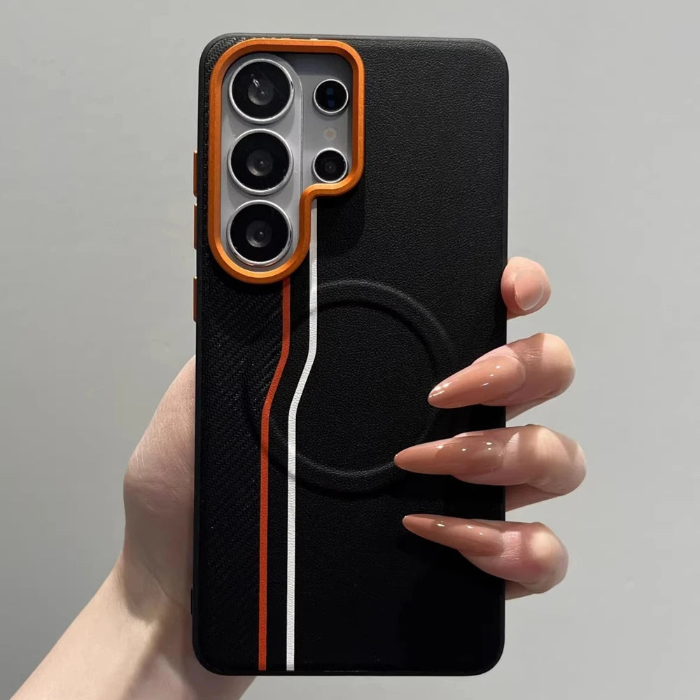 Luxury Color-block Dual-Line for Magsafe Phone Case for Samsung Galaxy S26 Ultra S25 Edge S24 Ultra Plus Orange Lens Frame Cover