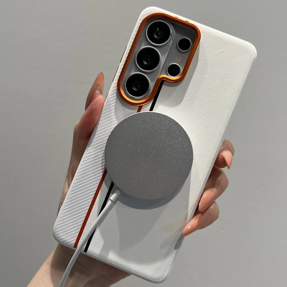 Luxury Color-block Dual-Line for Magsafe Phone Case for Samsung Galaxy S26 Ultra S25 Edge S24 Ultra Plus Orange Lens Frame Cover