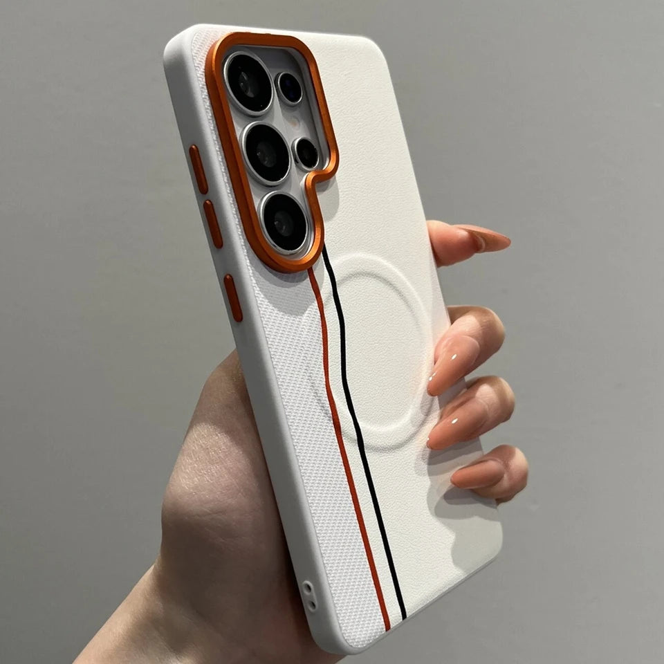 Luxury Color-block Dual-Line for Magsafe Phone Case for Samsung Galaxy S26 Ultra S25 Edge S24 Ultra Plus Orange Lens Frame Cover