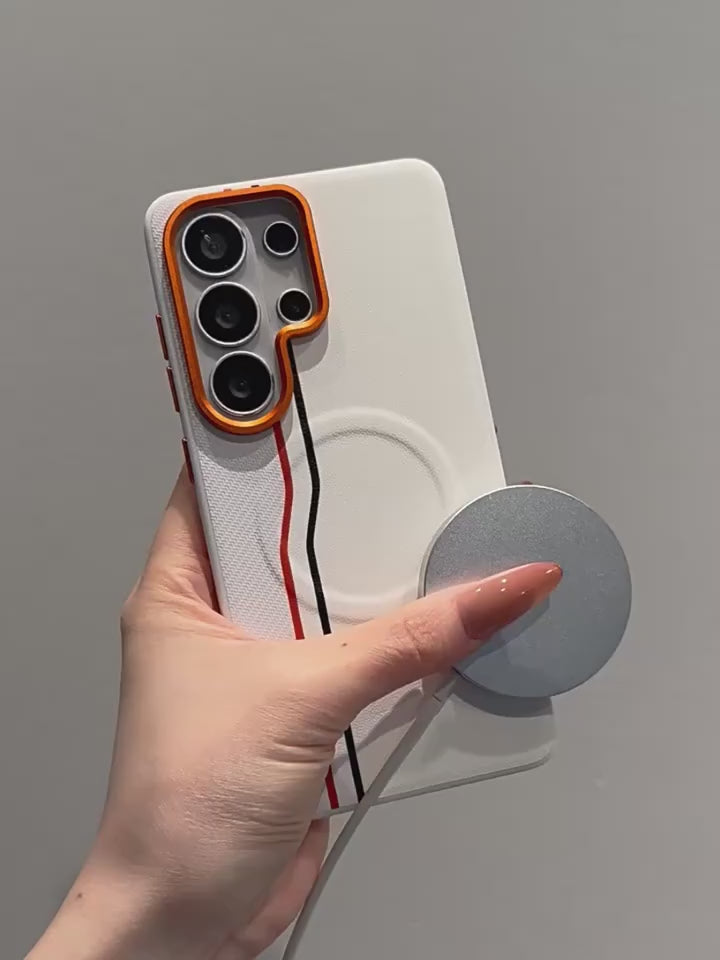 Luxury Color-block Dual-Line for Magsafe Phone Case for Samsung Galaxy S26 Ultra S25 Edge S24 Ultra Plus Orange Lens Frame Cover